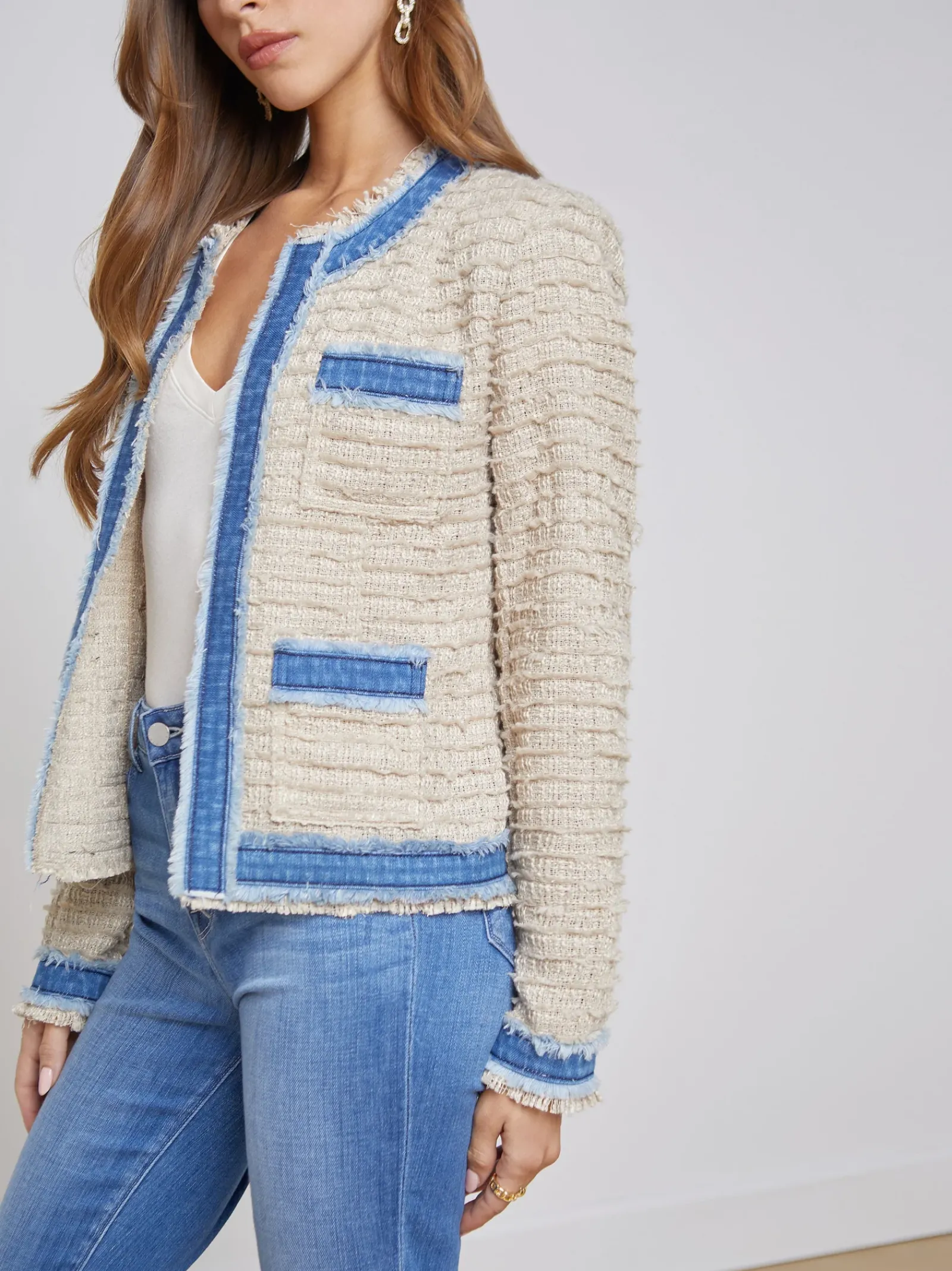 L'AGENCE Back in Stock|Denim Jackets|Agnes Tweed Denim Jacket Oxford Tan/Pomona
