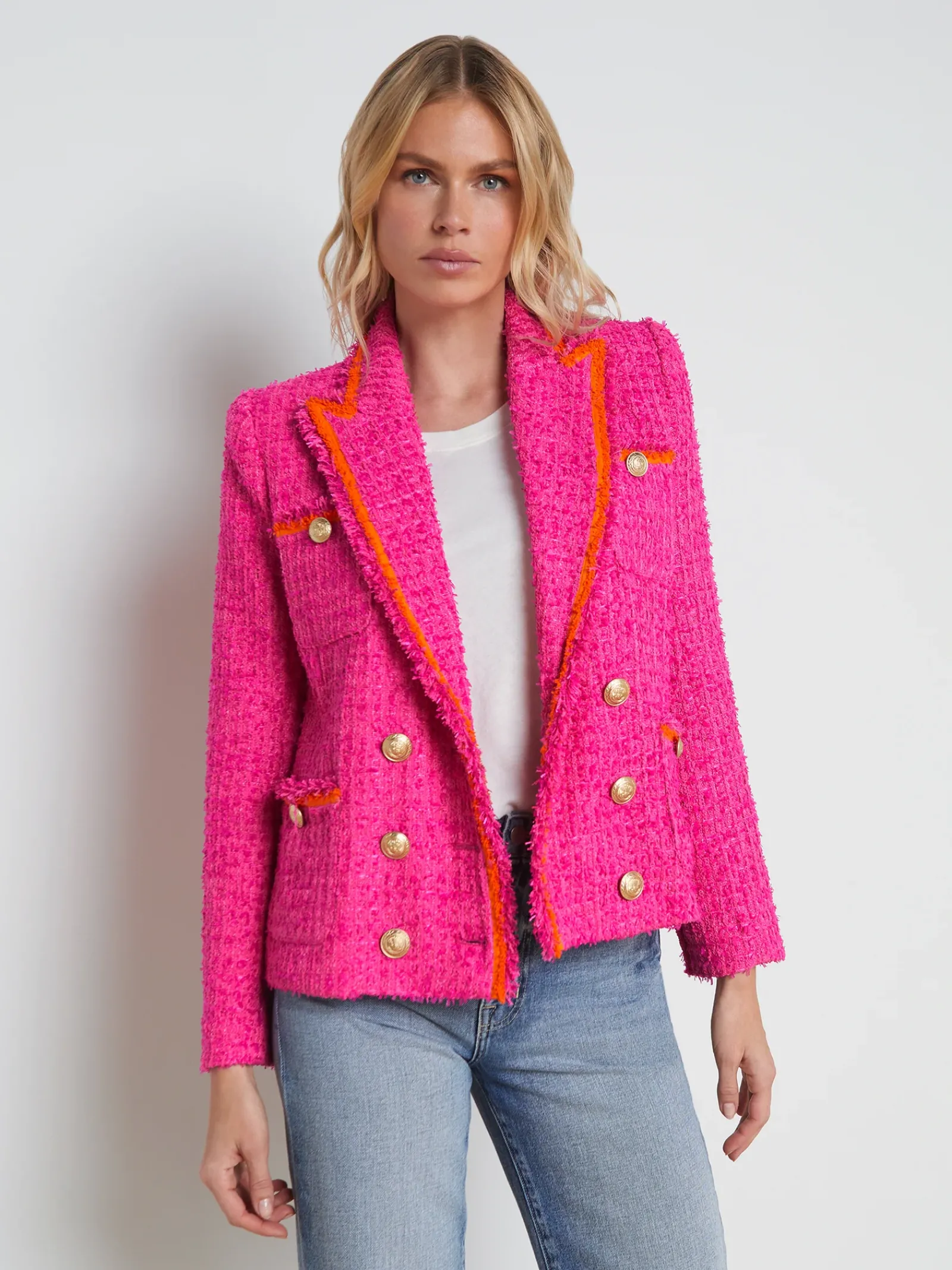 L'AGENCE Spring Collection|Best Sellers|Alectra Textured Tweed Jacket Rhodamine/Glow Orange