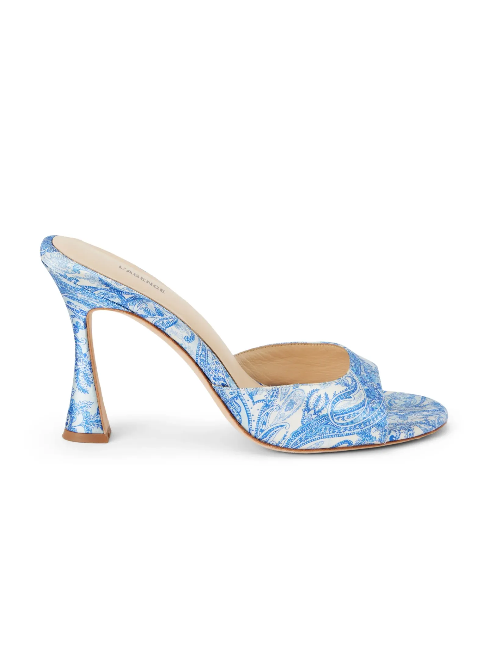 L'AGENCE Mules|Heels & Pumps|Avery Satin Peep-Toe Mule Blue Ivory Paisley Satin
