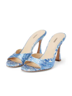 L'AGENCE Mules|Heels & Pumps|Avery Satin Peep-Toe Mule Blue Ivory Paisley Satin