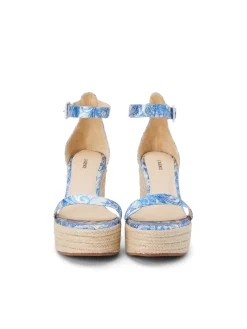 L'AGENCE Spring '24 Catalog|Heels & Pumps|Avice Wedge Espadrille Blue Ivory Paisley Satin