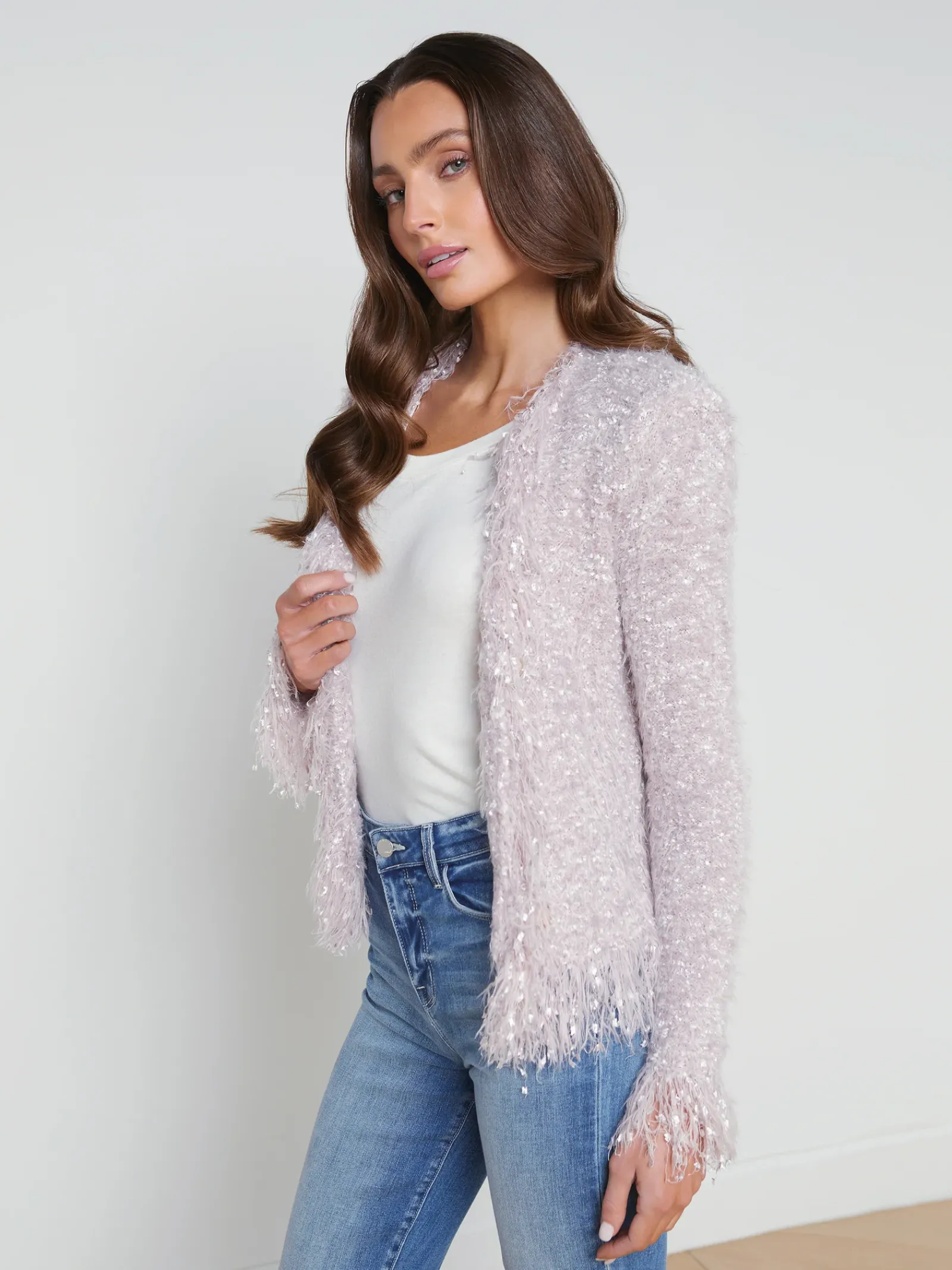 L'AGENCE Back in Stock|Maternity|Azure Fringe Cardigan Blazer Dusty Pink