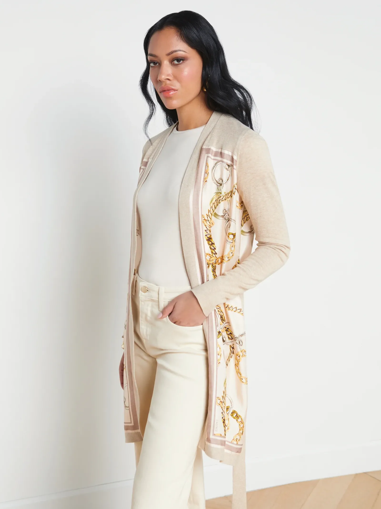 L'AGENCE Print Edition|Spring Collection|Beverly Silk Panel Cardigan Crema/Ecru Multi Oversized Chain Scarf