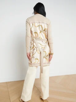 L'AGENCE Print Edition|Spring Collection|Beverly Silk Panel Cardigan Crema/Ecru Multi Oversized Chain Scarf