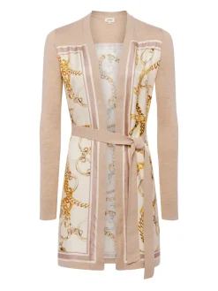 L'AGENCE Print Edition|Spring Collection|Beverly Silk Panel Cardigan Crema/Ecru Multi Oversized Chain Scarf