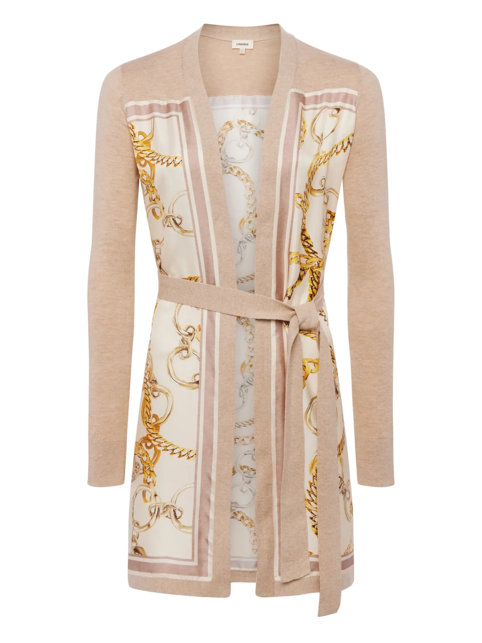 L'AGENCE Print Edition|Spring Collection|Beverly Silk Panel Cardigan Crema/Ecru Multi Oversized Chain Scarf