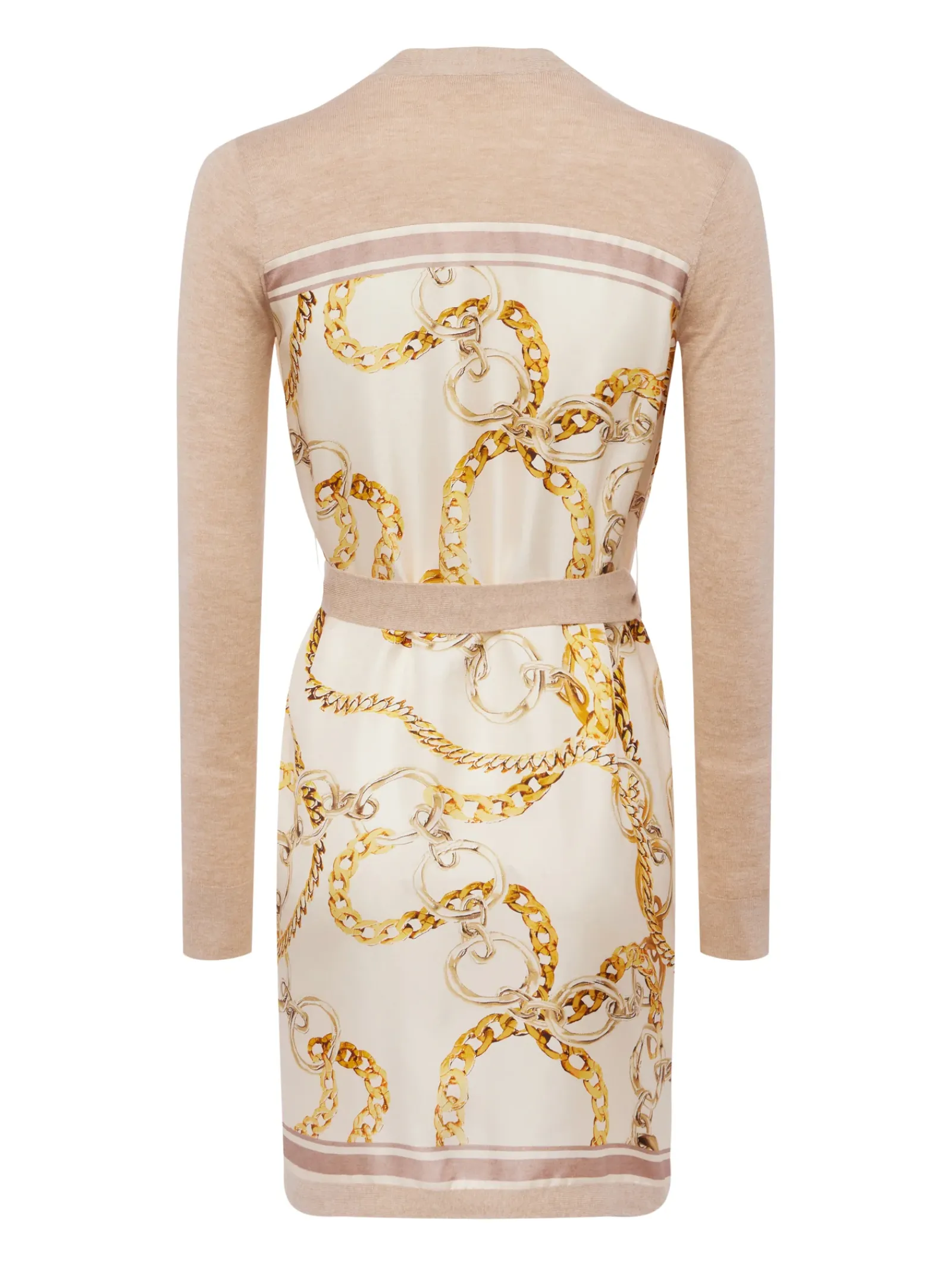 L'AGENCE Print Edition|Spring Collection|Beverly Silk Panel Cardigan Crema/Ecru Multi Oversized Chain Scarf