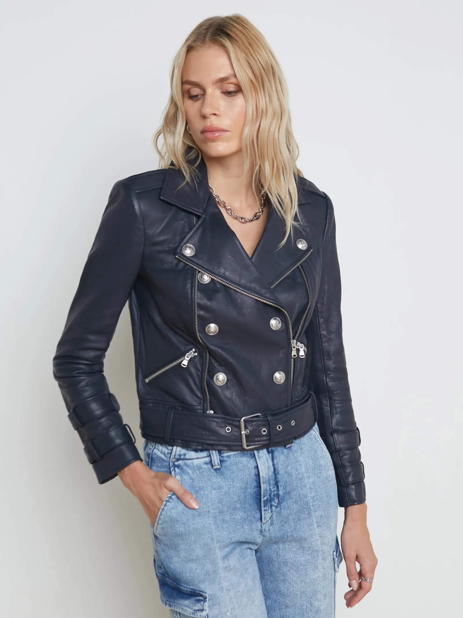 L'AGENCE Leather|Blazers & Jackets|Billie Belted Leather Jacket Midnight