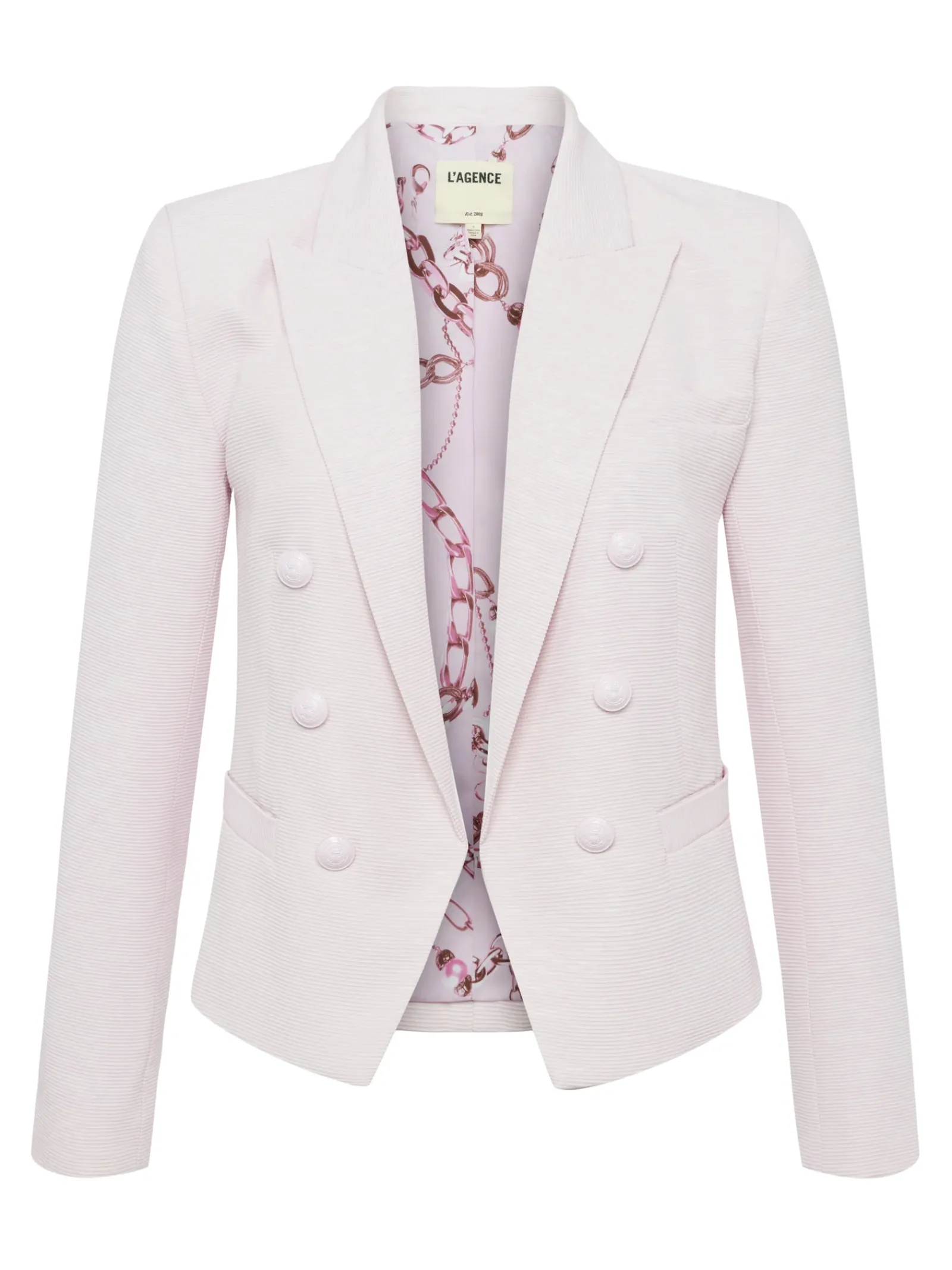 L'AGENCE Spring '24 Catalog|Spring Collection|Brooke Open-Front Blazer Lilac Snow/Sketch Chain