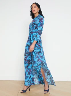 L'AGENCE Spring Collection|Print Edition|Cameron Silk Maxi Shirt Dress Blue Multi Jungle Toile
