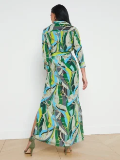 L'AGENCE Print Edition|Spring Collection|Cameron Silk Shirt Dress Sea Green Multi Belt Swirl