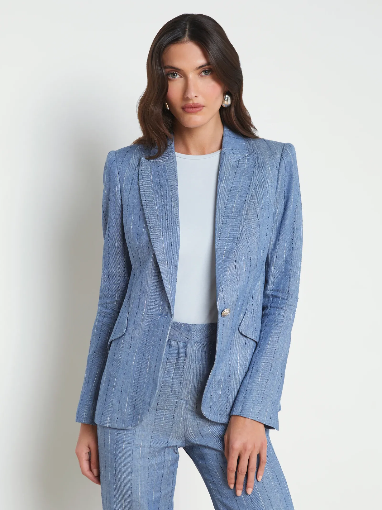 L'AGENCE Sets|Spring Collection|Chamberlain Linen-Blend Blazer Slate Blue Pinstripe