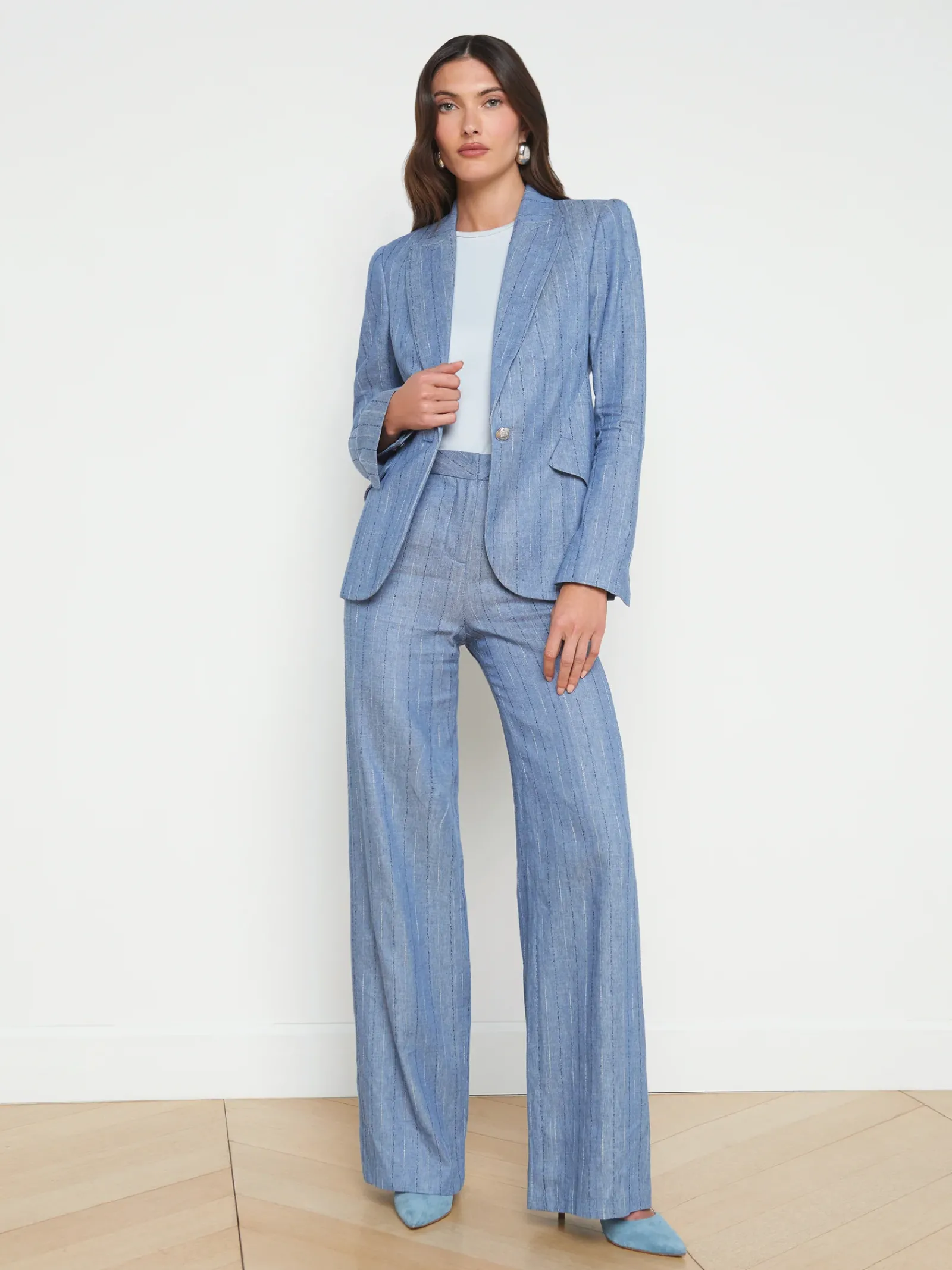 L'AGENCE Sets|Spring Collection|Chamberlain Linen-Blend Blazer Slate Blue Pinstripe
