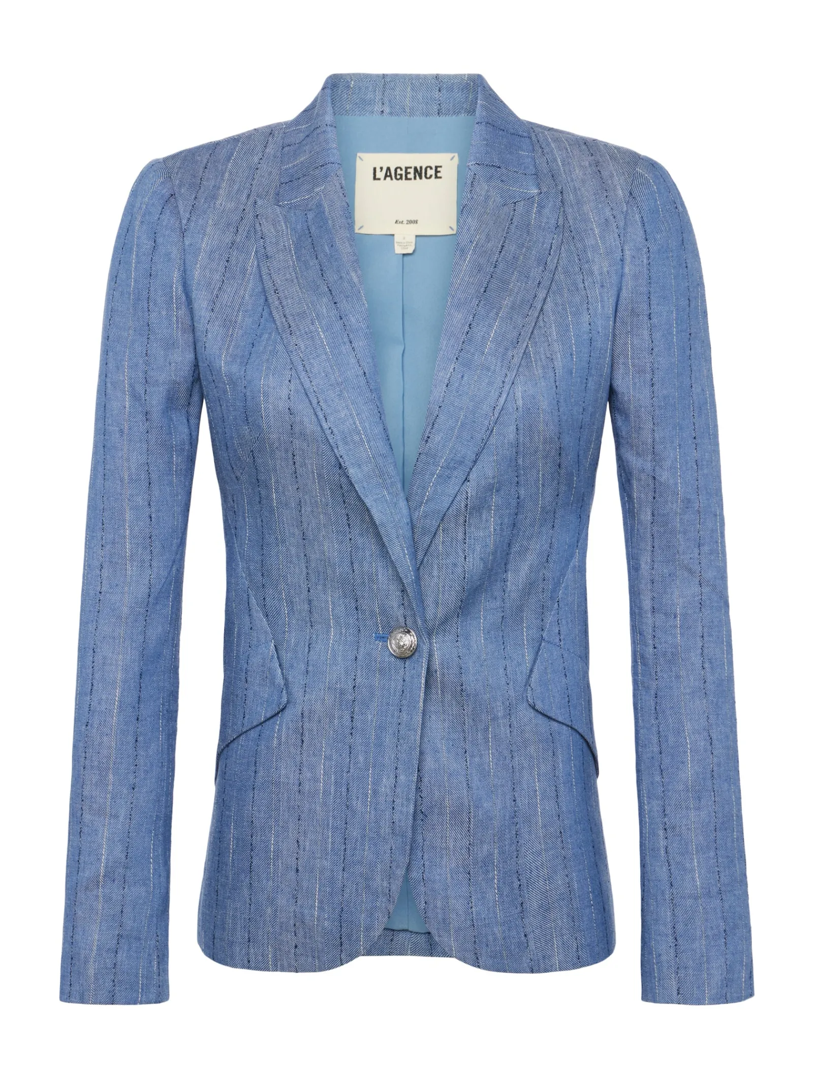 L'AGENCE Sets|Spring Collection|Chamberlain Linen-Blend Blazer Slate Blue Pinstripe