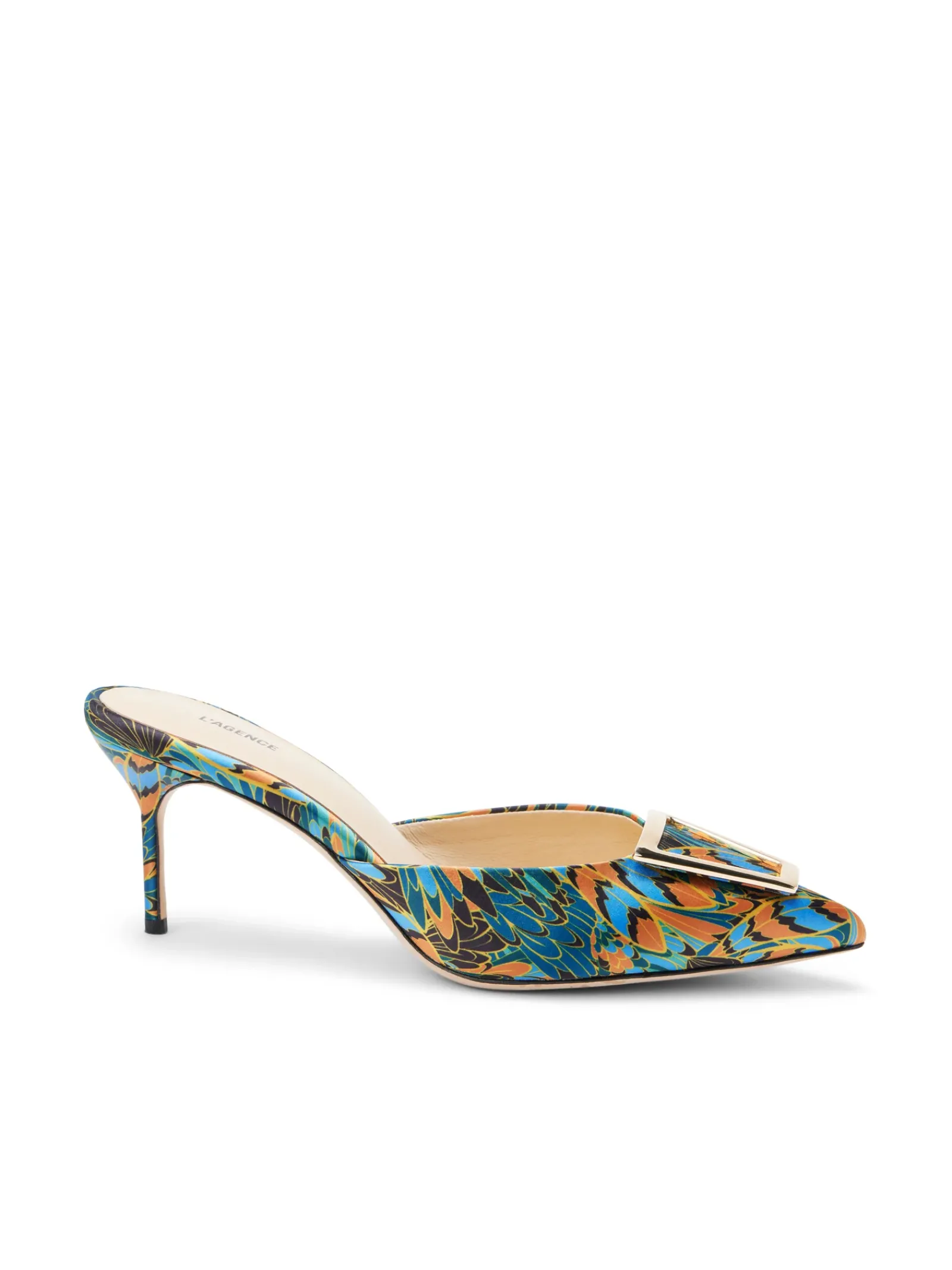 L'AGENCE Resort Collection|Print Edition|Charlene Mule Parrot Feather Satin
