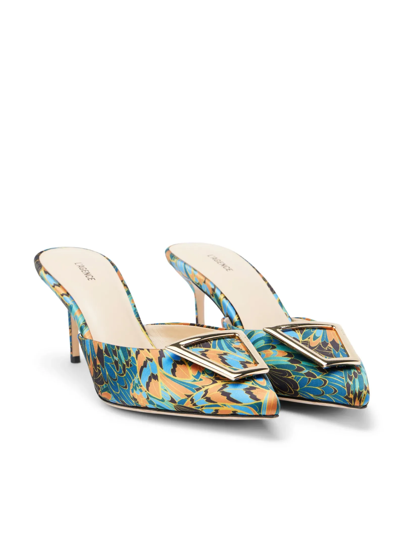 L'AGENCE Resort Collection|Print Edition|Charlene Mule Parrot Feather Satin