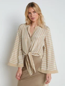 L'AGENCE Online Exclusives|Spring Collection|Charlize Tie-Front Blouse Almond/Champagne Stripe