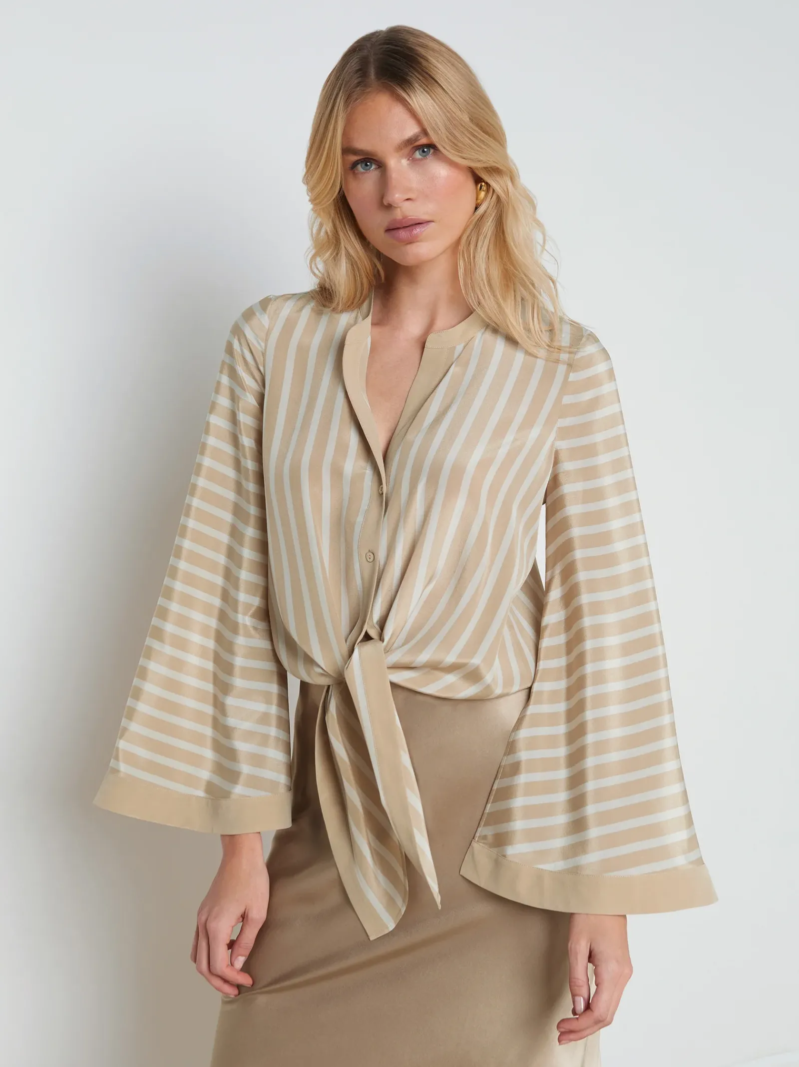 L'AGENCE Online Exclusives|Spring Collection|Charlize Tie-Front Blouse Almond/Champagne Stripe