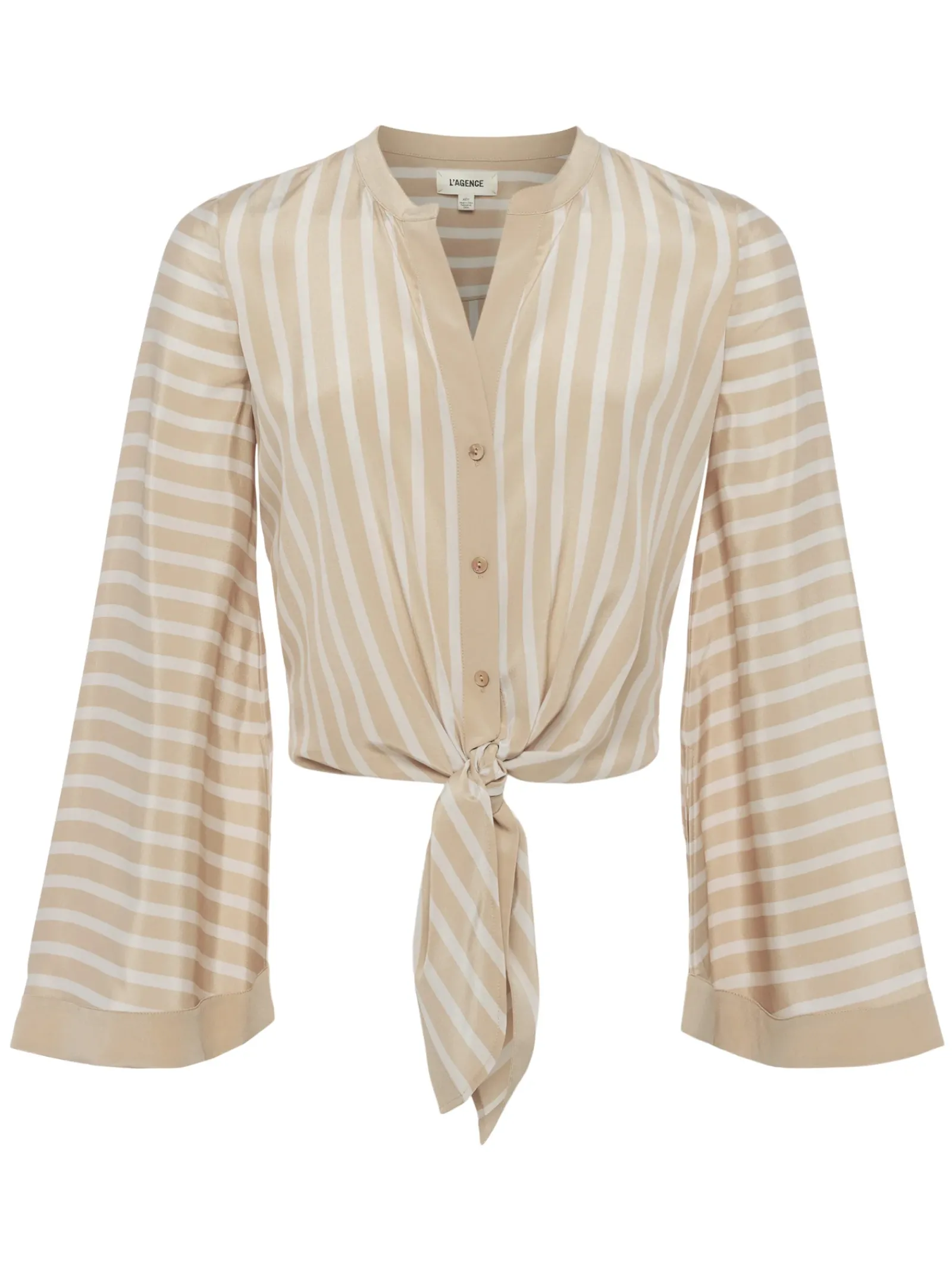 L'AGENCE Online Exclusives|Spring Collection|Charlize Tie-Front Blouse Almond/Champagne Stripe