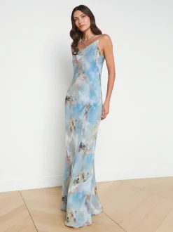 L'AGENCE Spring '24 Catalog|Print Edition|Christine Silk Dress Light Blue Multi Renaissance