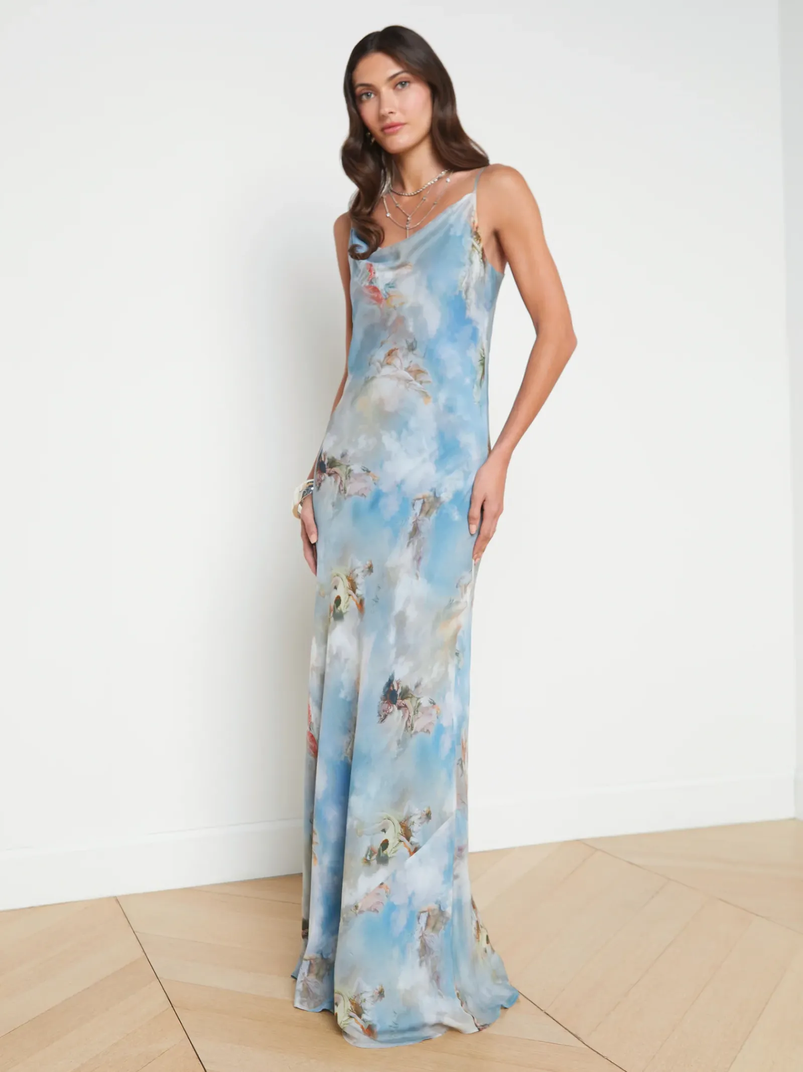 L'AGENCE Spring '24 Catalog|Print Edition|Christine Silk Dress Light Blue Multi Renaissance