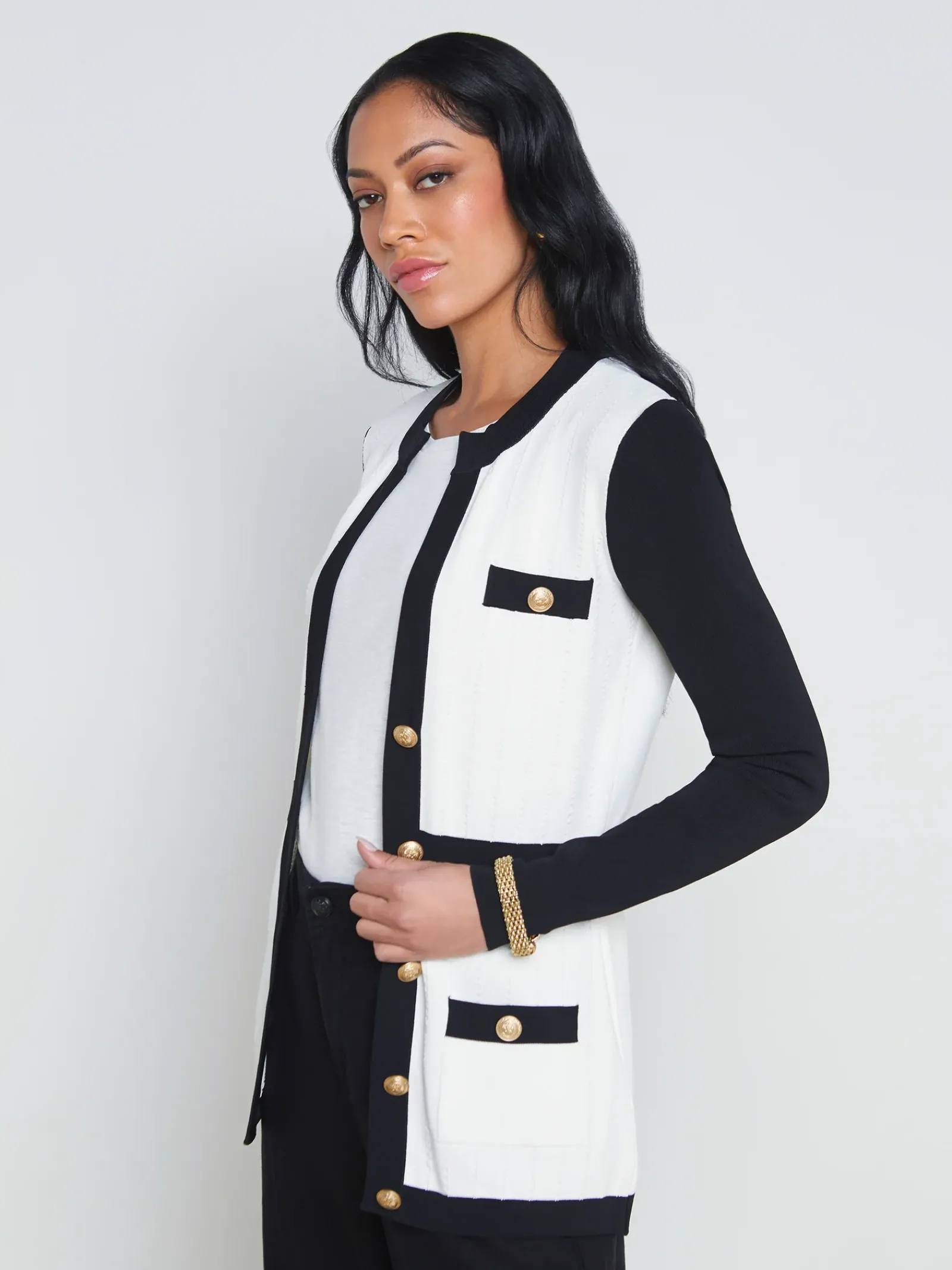 L'AGENCE Spring Collection|Knitwear|Clover Contrast-Trim Cardigan White/Black