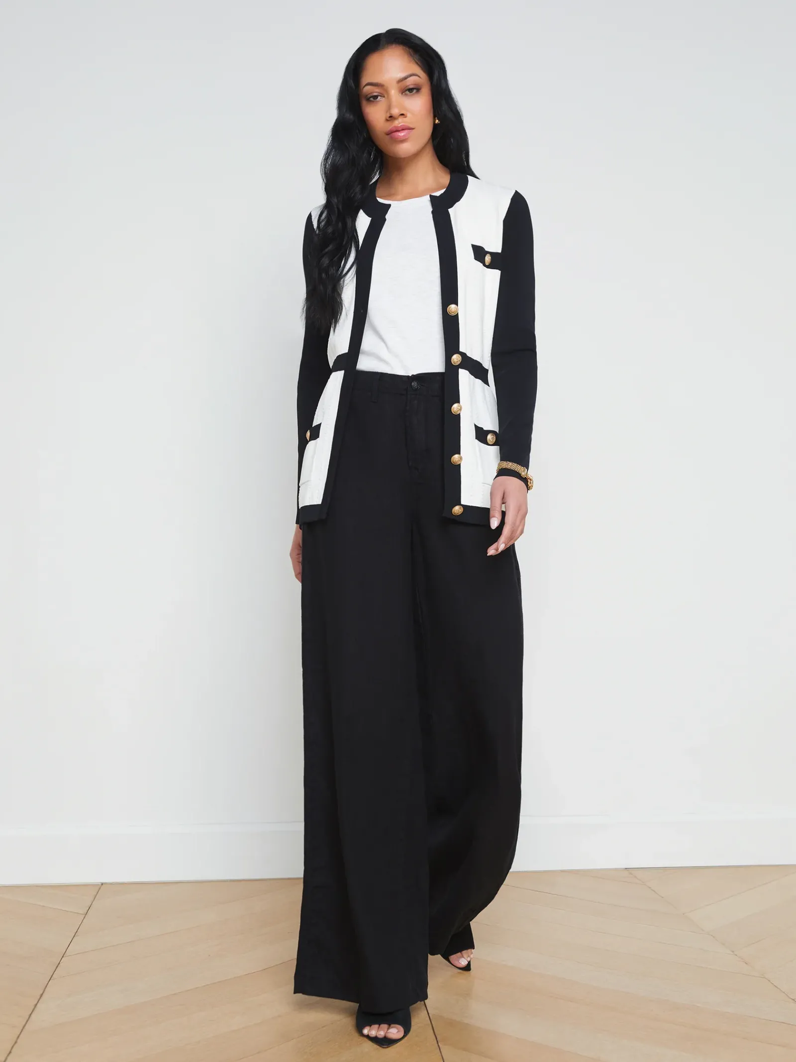 L'AGENCE Spring Collection|Knitwear|Clover Contrast-Trim Cardigan White/Black