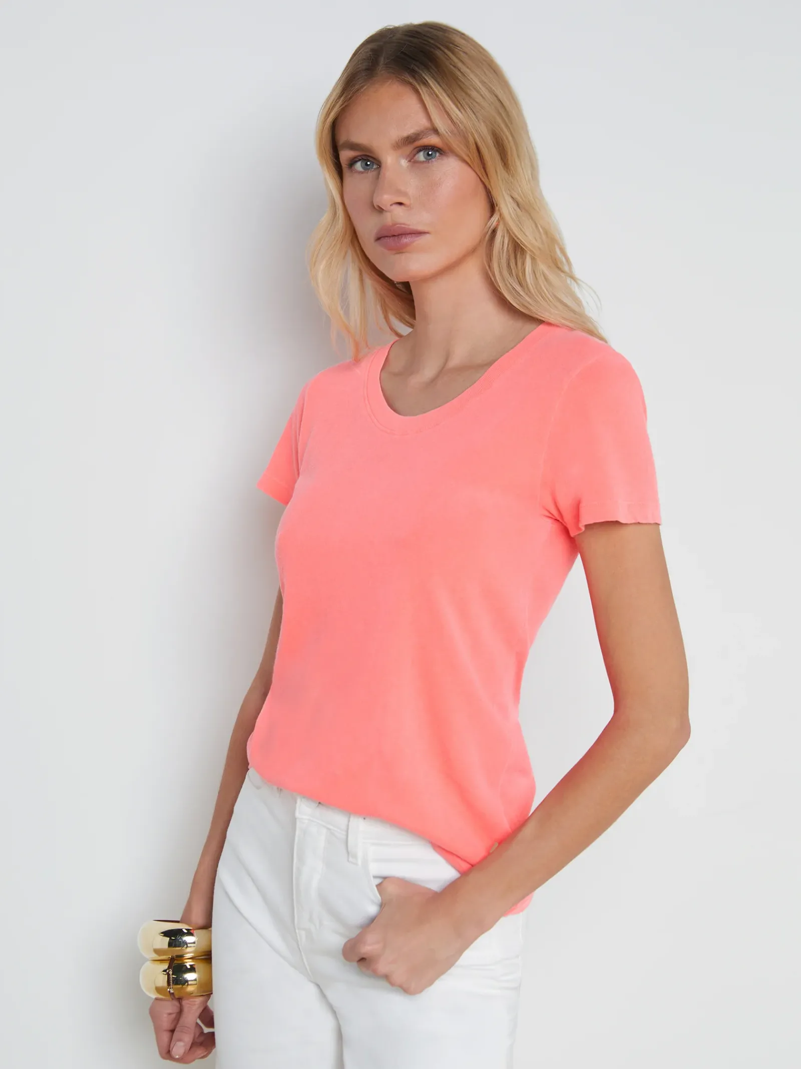 L'AGENCE Spring Collection|Tees|Cory Cotton Scoopneck Tee Neon Coral