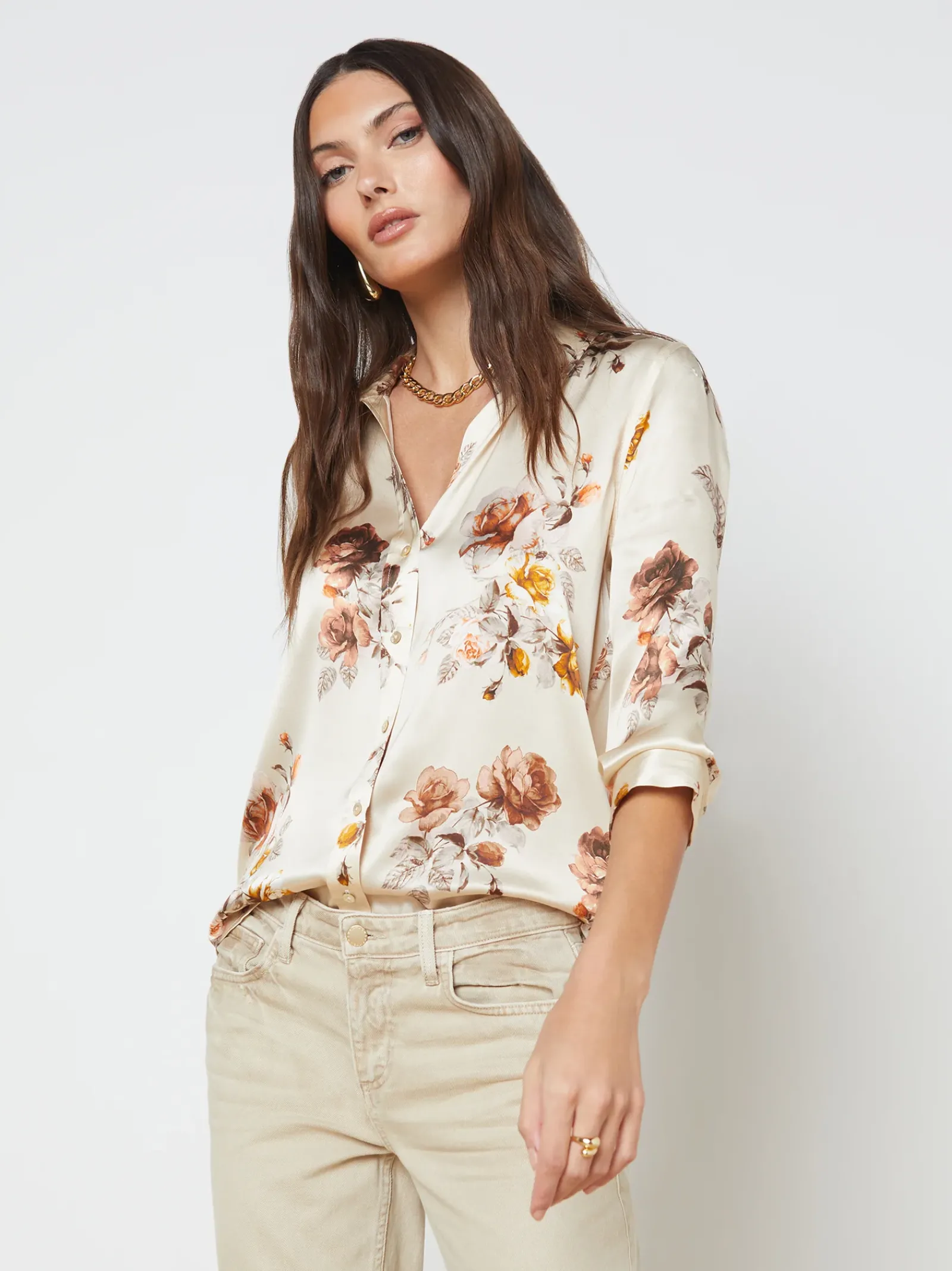 L'AGENCE Resort Collection|Print Edition|Dani Silk Blouse Buff Multi Tonal Rose Floral