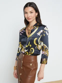L'AGENCE Resort Collection|Print Edition|Dani Silk Blouse Olive Multi Abstract Scarf