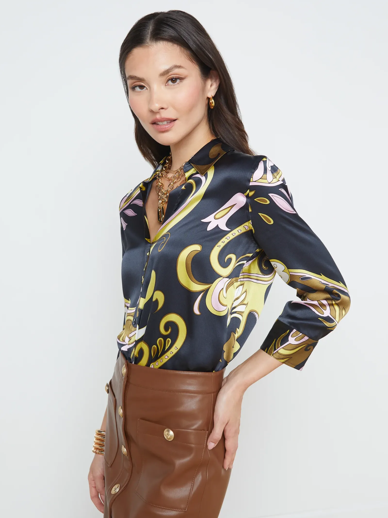 L'AGENCE Resort Collection|Print Edition|Dani Silk Blouse Olive Multi Abstract Scarf