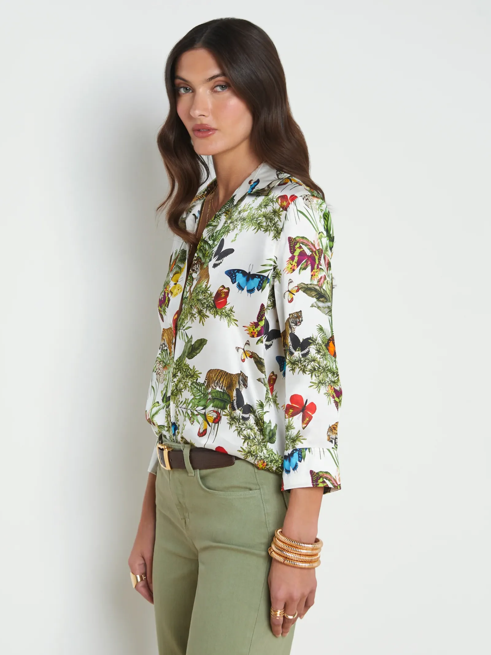 L'AGENCE Print Edition|Spring Collection|Dani Silk Blouse White Multi Butterfly Tiger Jungle
