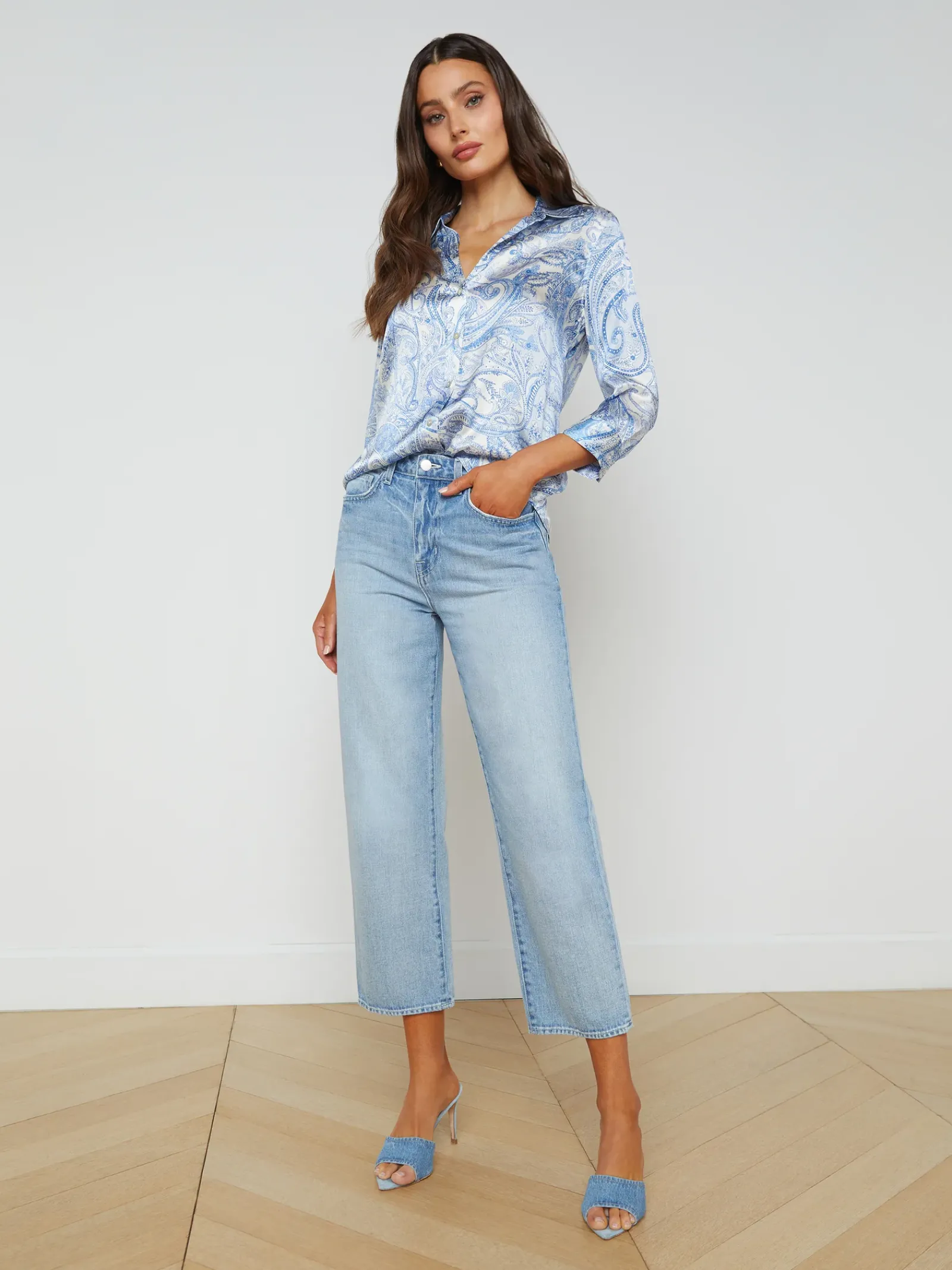 L'AGENCE Spring '24 Catalog|Print Edition|Dani Silk Blouse Ivory/Blue Decorated Paisley