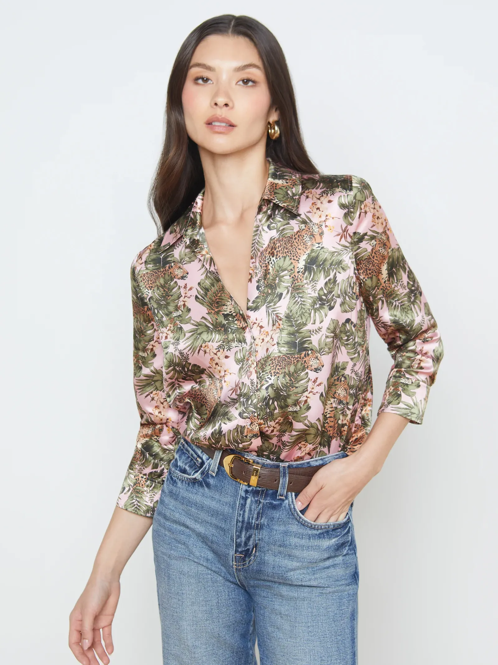 L'AGENCE Print Edition|Blouses & Tops|Dani Silk Blouse Light Pink Multi Palm Leopard