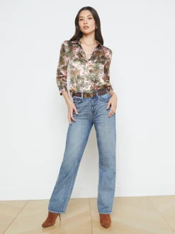 L'AGENCE Print Edition|Blouses & Tops|Dani Silk Blouse Light Pink Multi Palm Leopard