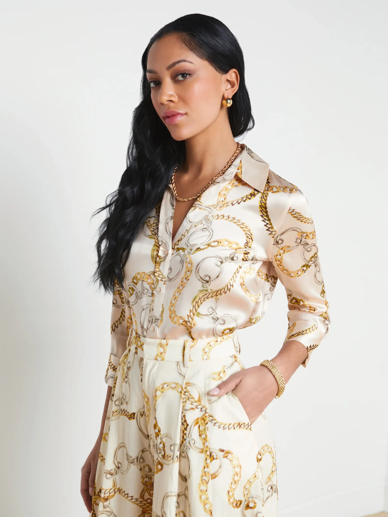 L'AGENCE Sets|Spring '24 Catalog|Dani Silk Blouse Ecru Multi Oversized Chain