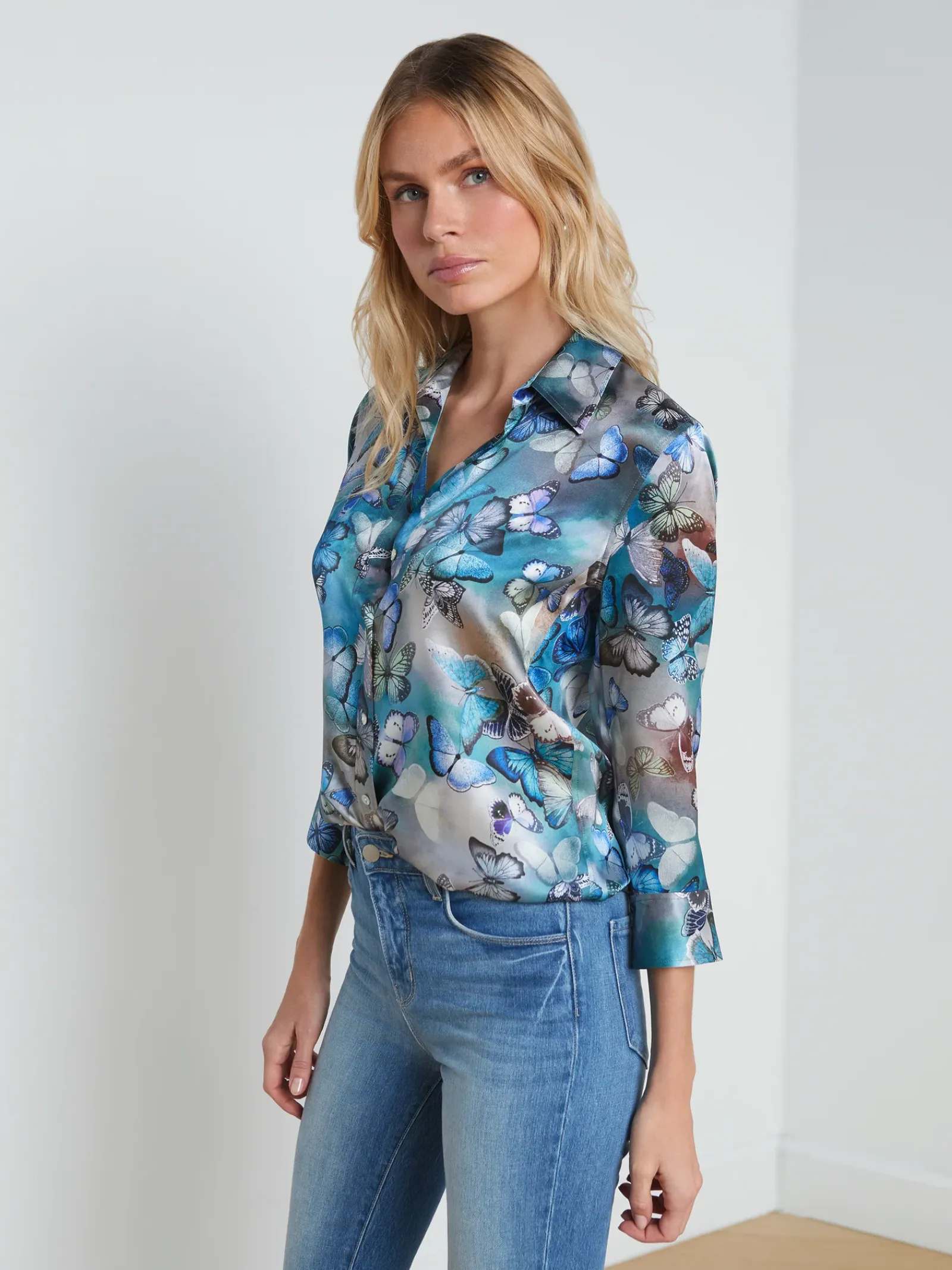 L'AGENCE Spring Collection|Print Edition|Dani Silk Blouse Blue Multi Cloud Butterfly