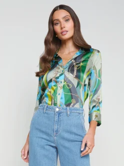 L'AGENCE Print Edition|Spring Collection|Dani Silk Blouse Sea Green Multi Belt Swirl