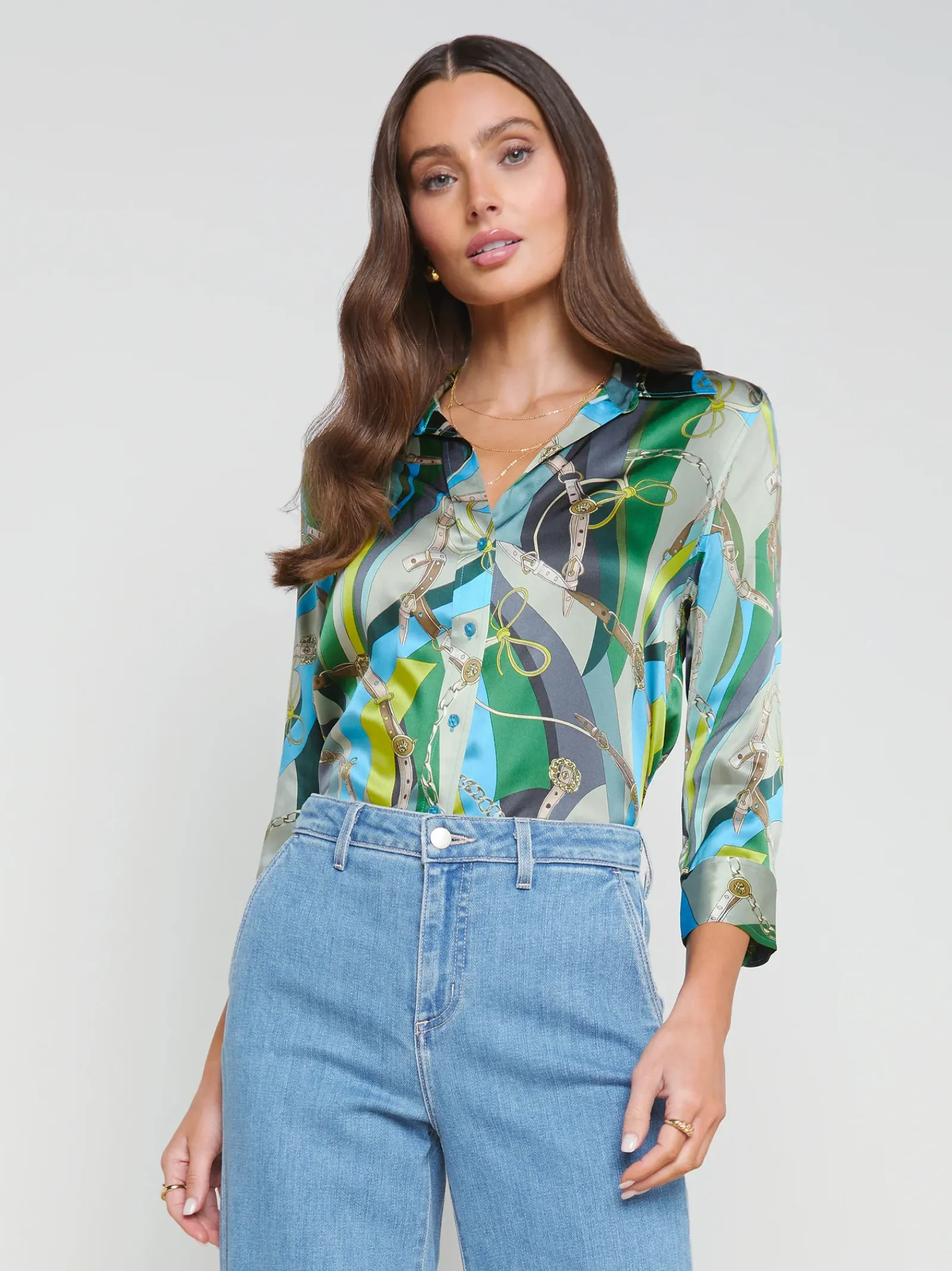 L'AGENCE Print Edition|Spring Collection|Dani Silk Blouse Sea Green Multi Belt Swirl