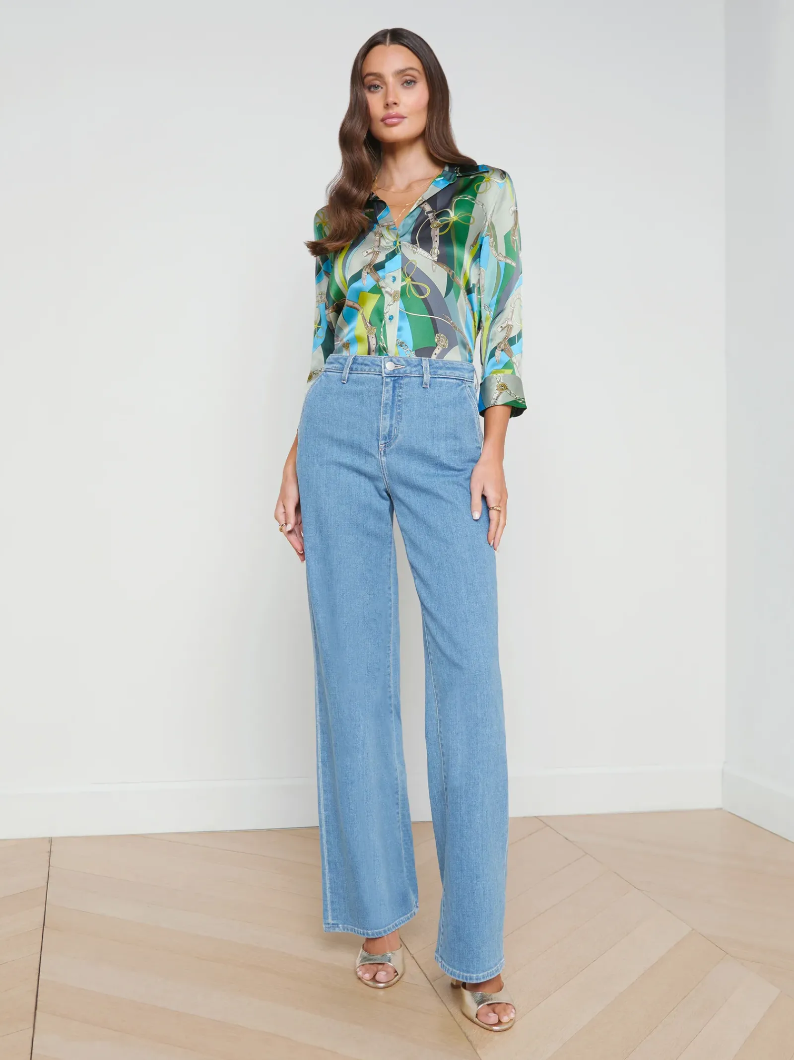 L'AGENCE Print Edition|Spring Collection|Dani Silk Blouse Sea Green Multi Belt Swirl