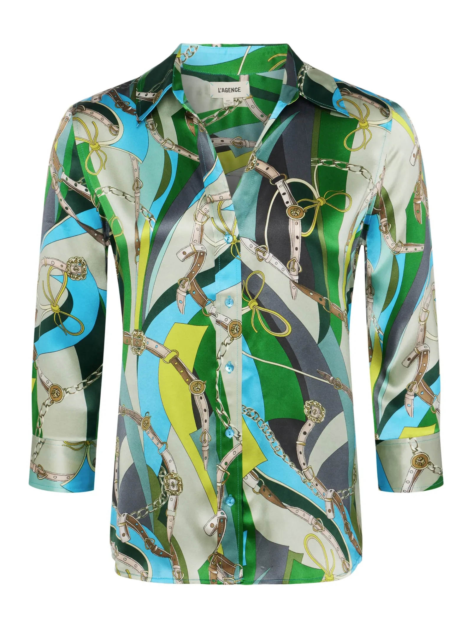 L'AGENCE Print Edition|Spring Collection|Dani Silk Blouse Sea Green Multi Belt Swirl