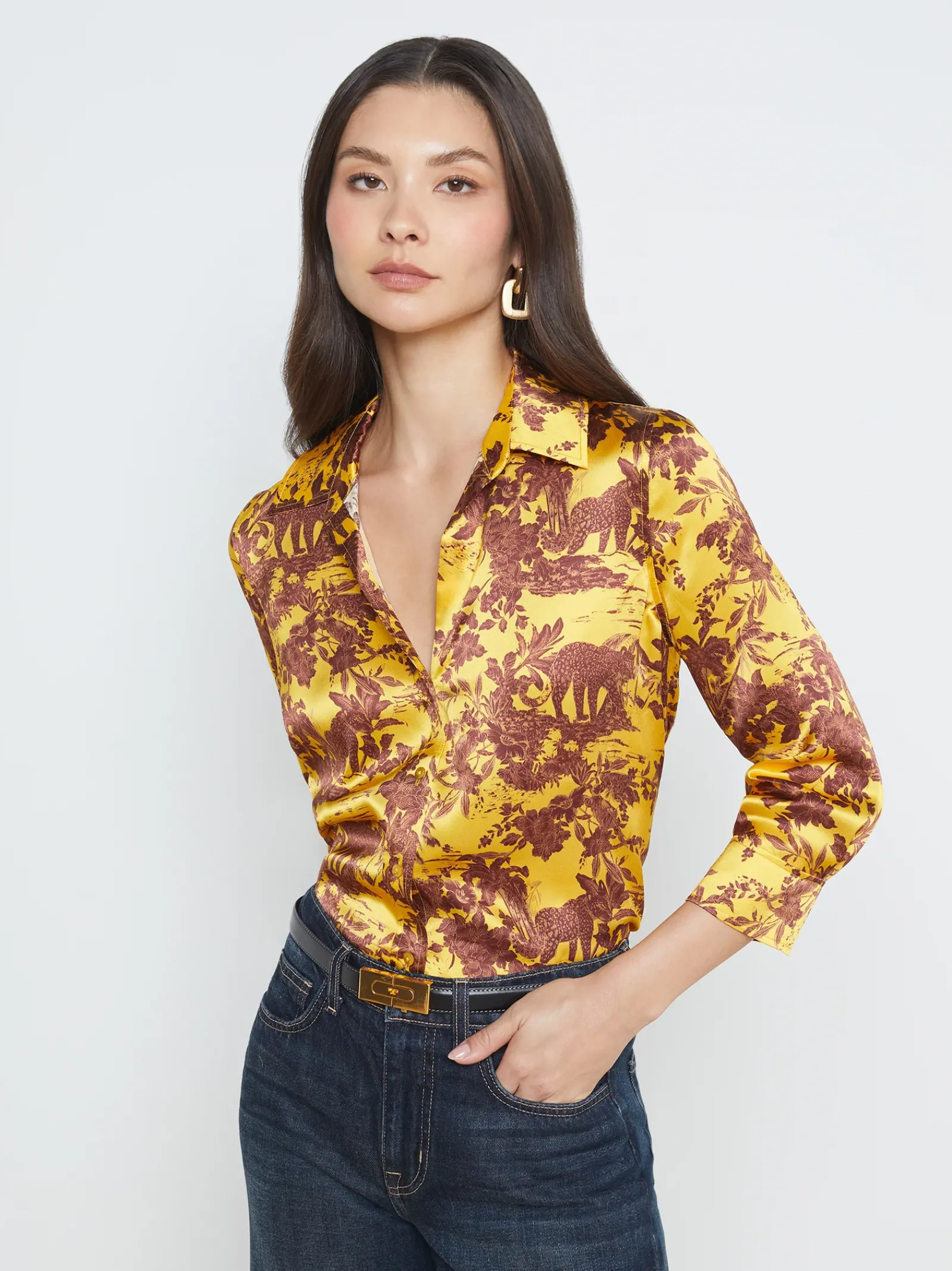 L'AGENCE Print Edition|Silks|Dani Silk Blouse Yellow Multi Safari Scenic