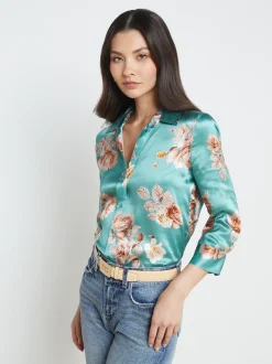 L'AGENCE Print Edition|Silks|Dani Silk Blouse Green Jasper Multi Tonal Rose Floral