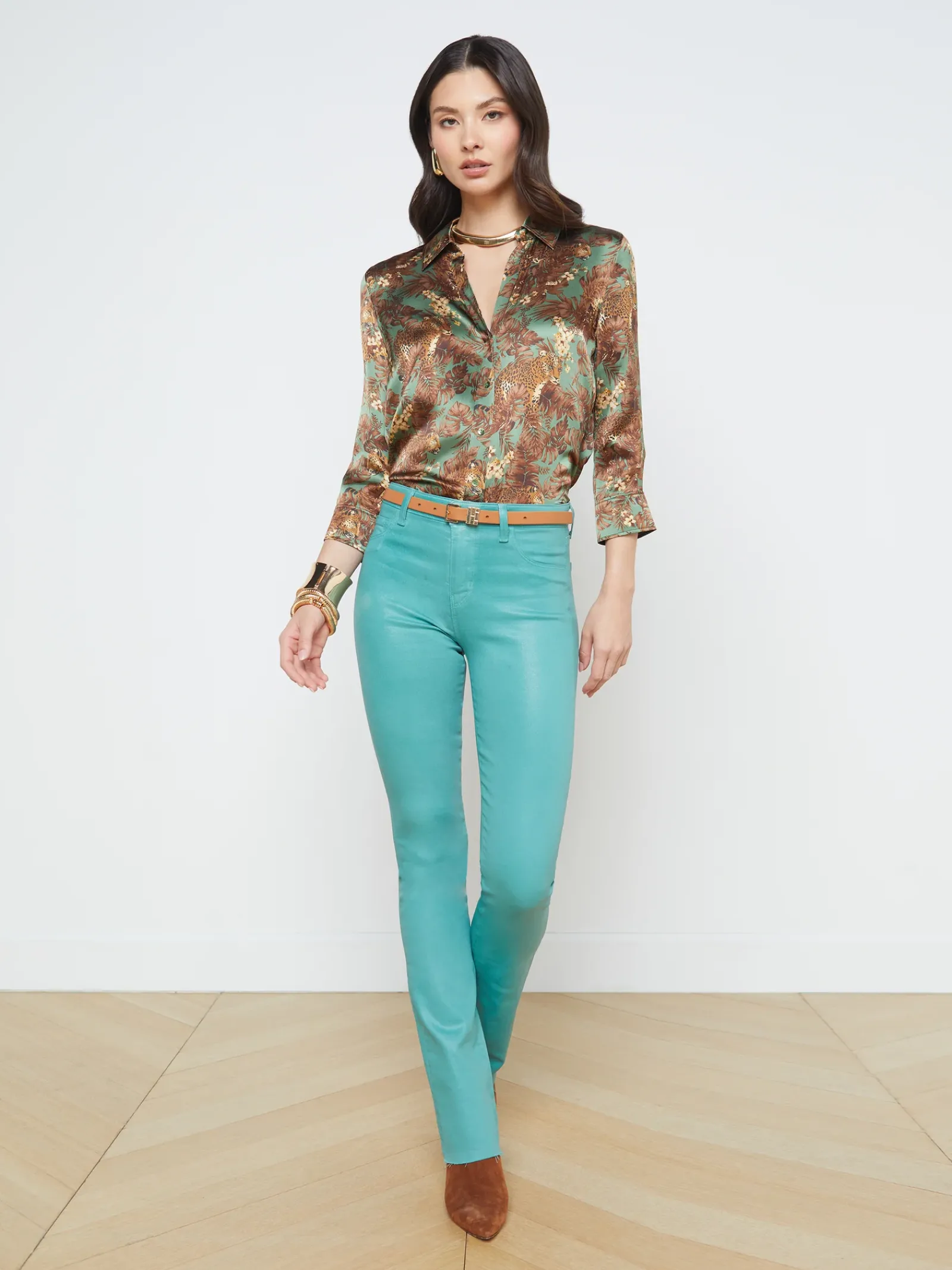 L'AGENCE Resort Collection|Print Edition|Dani Silk Blouse Olive Multi Palm Leopard
