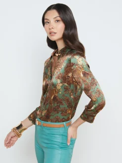 L'AGENCE Resort Collection|Print Edition|Dani Silk Blouse Olive Multi Palm Leopard
