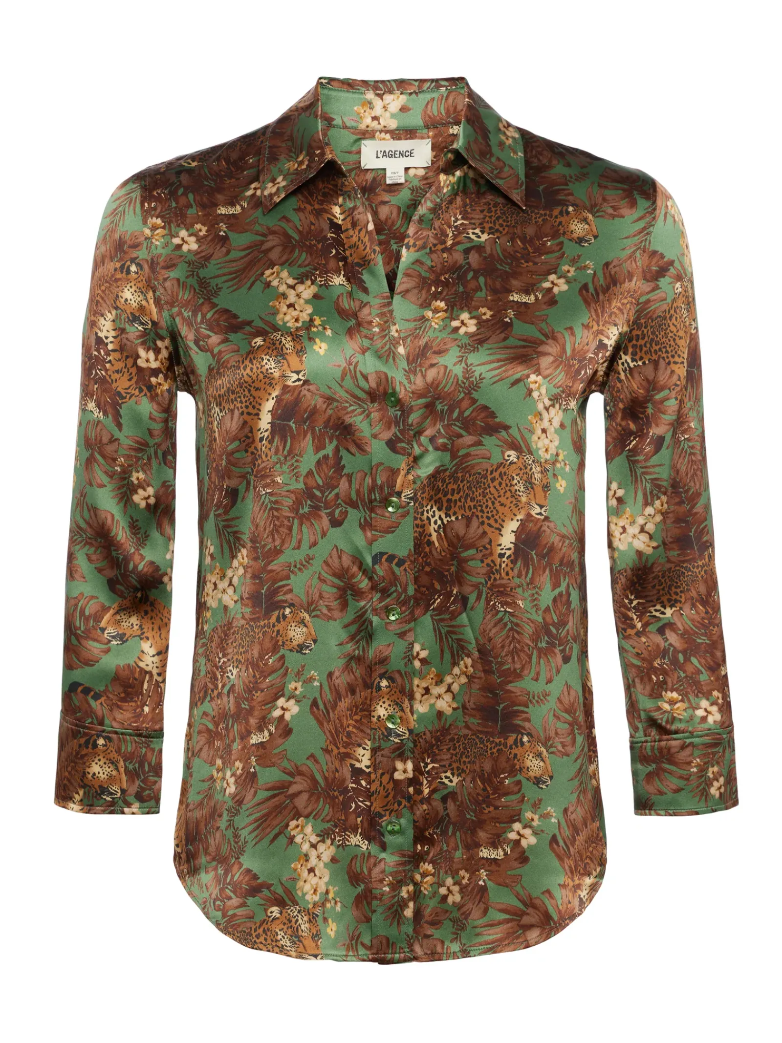 L'AGENCE Resort Collection|Print Edition|Dani Silk Blouse Olive Multi Palm Leopard