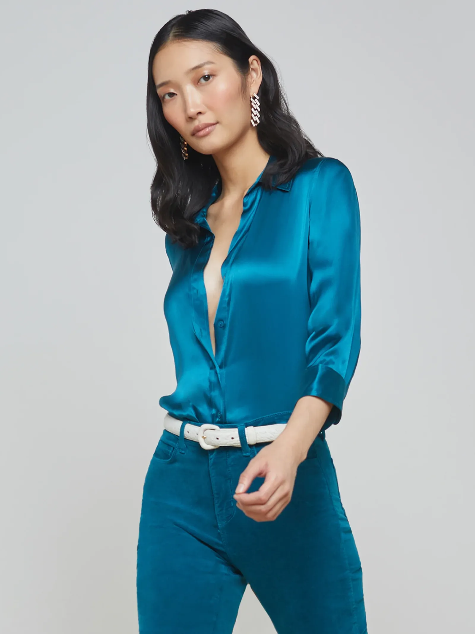 L'AGENCE Online Exclusives|Silks|Dani Silk Blouse Deep Lagoon