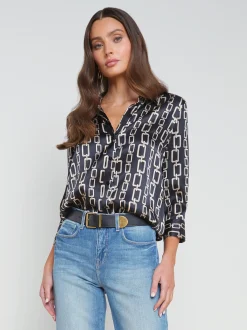 L'AGENCE Print Edition|Spring Collection|Dani Silk Blouse Black Multi Geo Chain