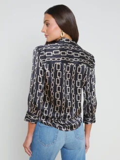 L'AGENCE Print Edition|Spring Collection|Dani Silk Blouse Black Multi Geo Chain