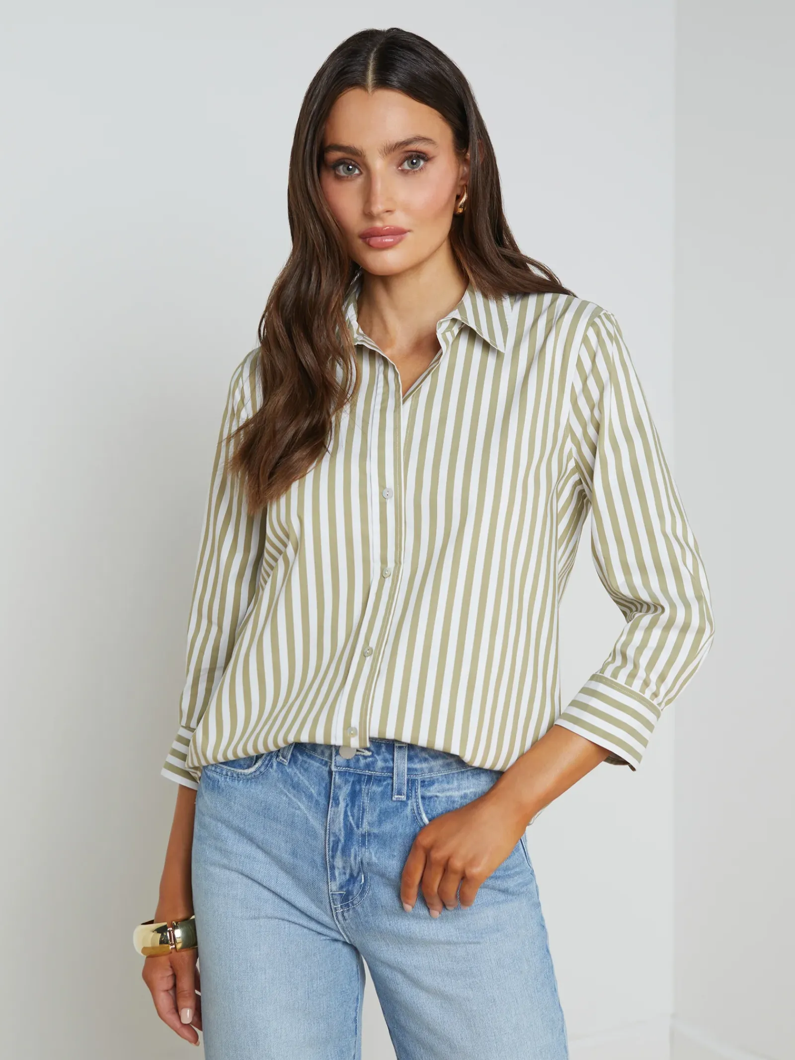 L'AGENCE Spring Collection|Blouses & Tops|Daniella Cotton-Blend Blouse Dried Herb/White Stripe